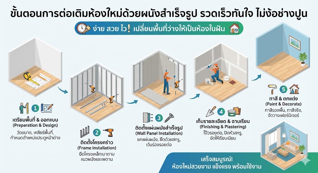 ผนังสำเร็จรูป ขั้นตอนการต่อเติมห้องใหม่ รวดเร็วทันใจ ไม่ง้อช่างปูน