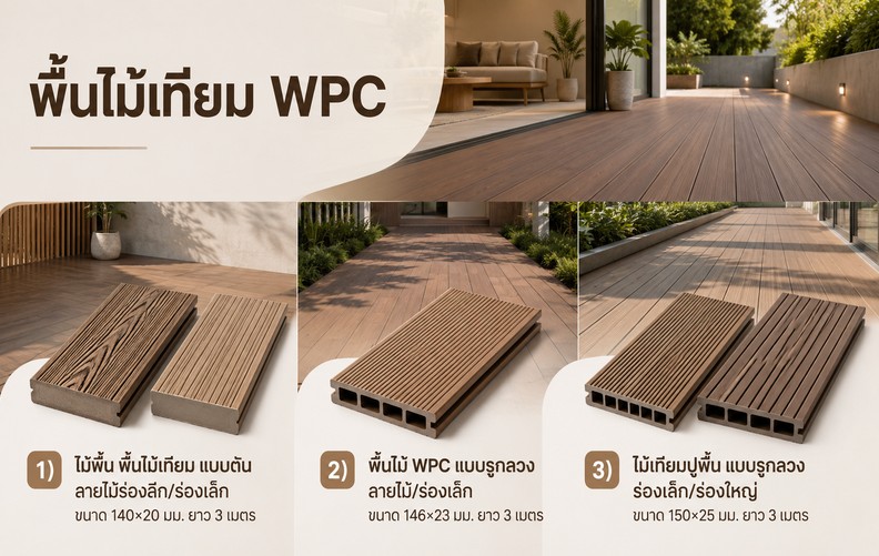 พื้นไม้เทียม WPC คืออะไร? รวมข้อมูลไม้พื้น WPC แบบตันและแบบรูกลวง ขนาด การใช้งาน ข้อดี ข้อเสีย วิธีติดตั้ง การดูแลรักษา และ FAQ